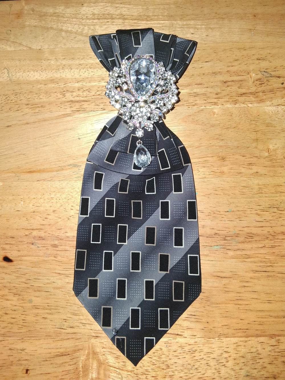 Black Geometric Ascot Cravat with Crystal Brooch